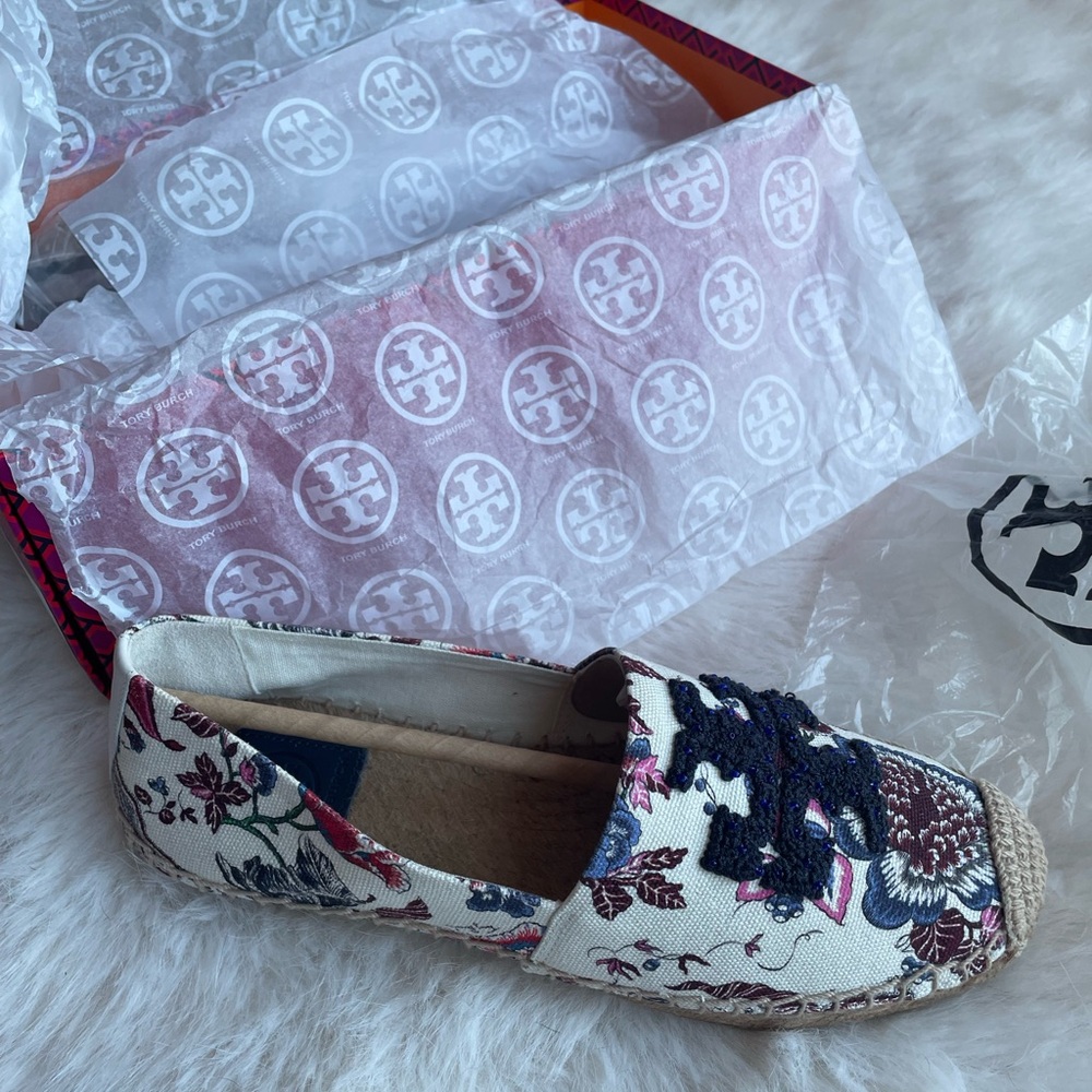 Tory Burch Elisa Floral Logo Espadrilles - Cream and Blue BRAND NEW